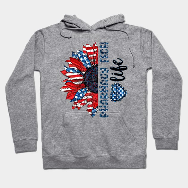 Pharmacy Tech Life American Flag Sunflower Independence Day Hoodie by Gearlds Leonia